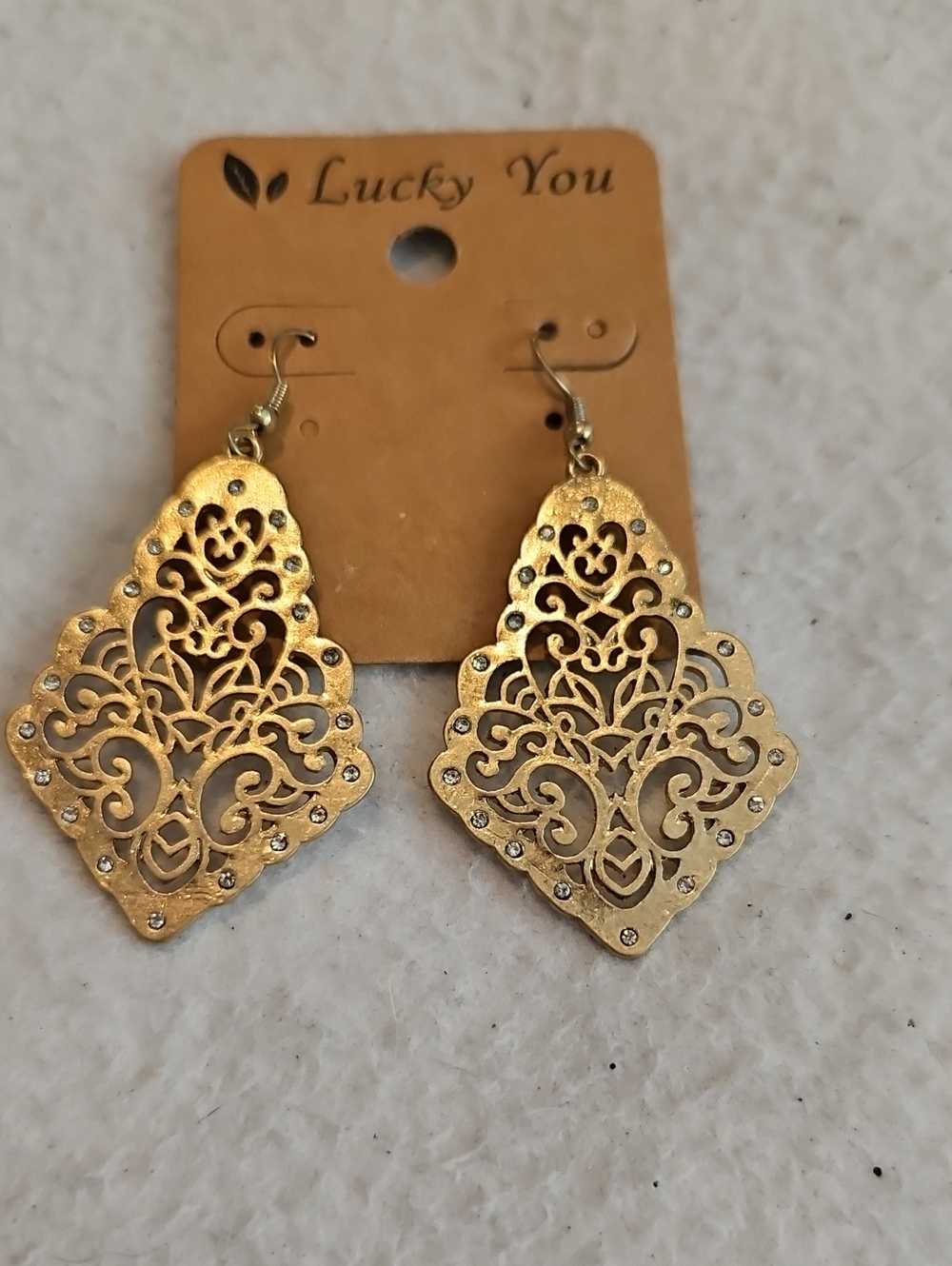 Lucky You Gold Filigree Teardrop Earrings with Rhinestones
